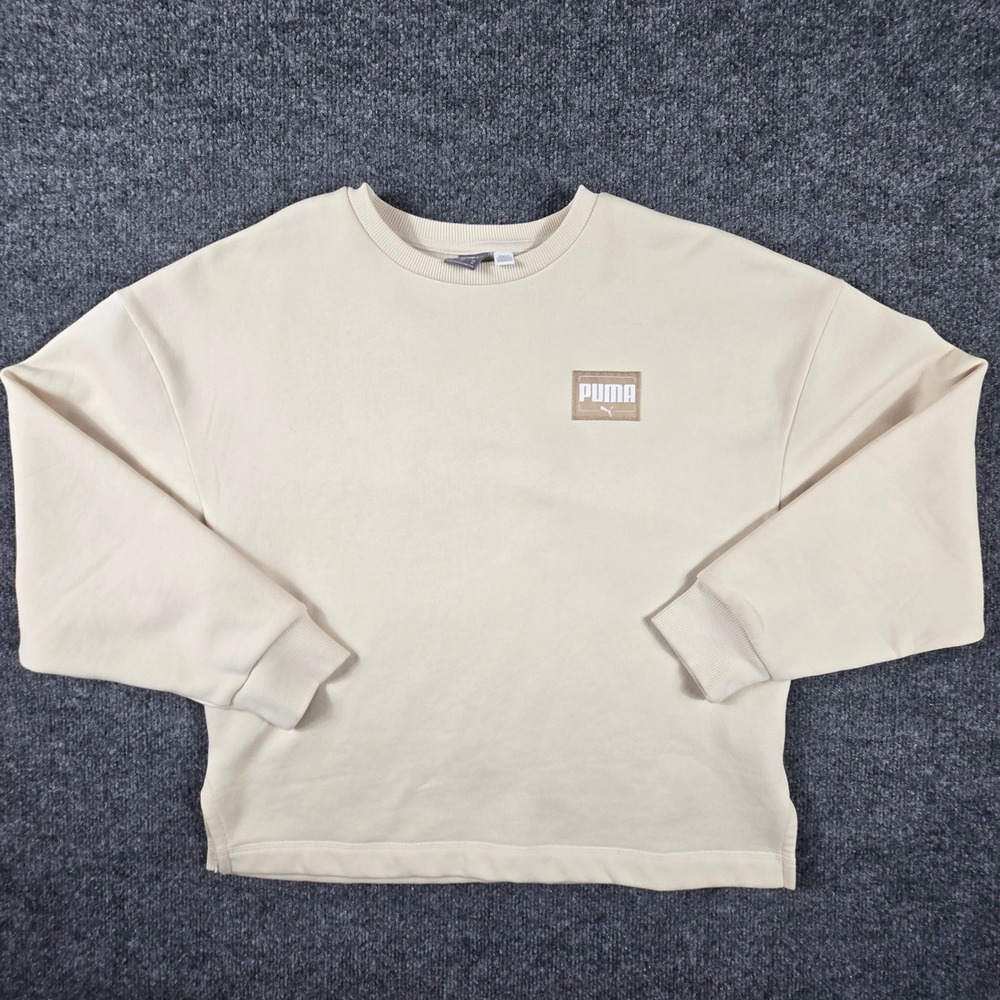 Puma Sweatshirt Womens Medium Cream Beige Logo Fleece Crewneck 685750-02